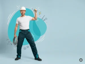 Zelfverzekerde elektromonteur met kabel en gereedschap in studio, moderne werkkleding, ruimte voor websitetekst