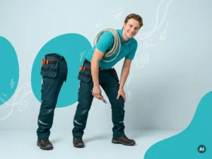 Jonge Nederlandse elektromonteur in moderne werkkleding met kabel, tegen lichtblauwe studioachtergrond met ruimte voor tekst