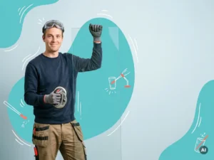 Nederlandse glaszetter houdt glasplaat en glaszuiger vast in studio, met lege ruimte op blauwgrijze achtergrond