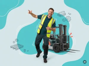 Zelfverzekerde heftruckchauffeur in werkkleding met heftruck in studio, bouw en techniek vacaturebanner