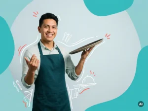 Vrolijke horecamedewerker als arbeidsmigrant met dienblad in studio, moderne werkkleding en ruimte voor tekst