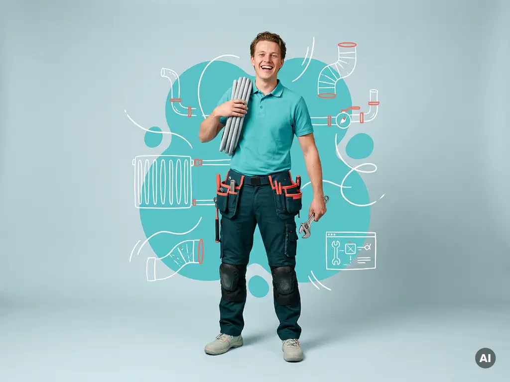 Jonge Nederlandse installatiemonteur met leiding en installatiesleutel in studio, met ruimte voor websitetekst