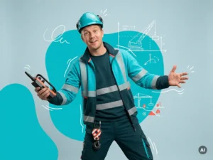 Nederlandse kraanmachinist in veiligheidskleding met afstandsbediening, uitnodigende pose op blauwgrijze studioachtergrond
