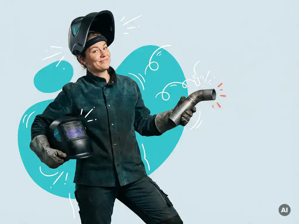 Zelfverzekerde lasser in professionele werkkleding met helm en stalen buis, in studio voor Nederlandse recruitmentcampagne