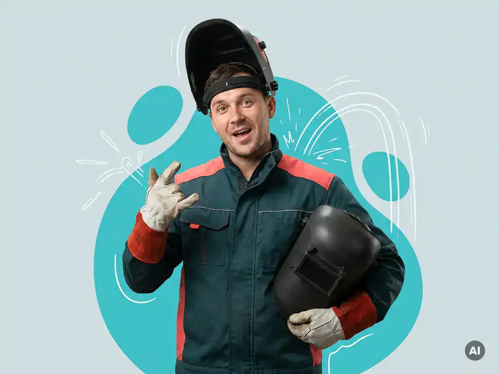 Zelfverzekerde lasser in moderne werkkleding met lashelm, speelse pose in studio met ruimte voor websitetekst