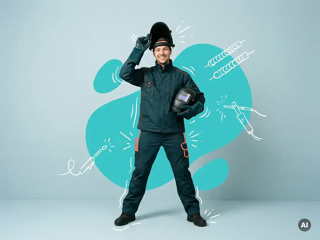 Zelfverzekerde lasser in donker petrol werkkleding met helm onder arm, in studio met grafische turquoise accenten.