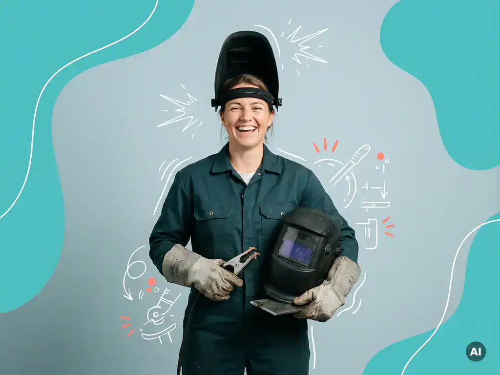 Zelfverzekerde lasser in studio met lashelm en metalen werkstuk, tegen licht blauwgrijze achtergrond met turquoise vormen
