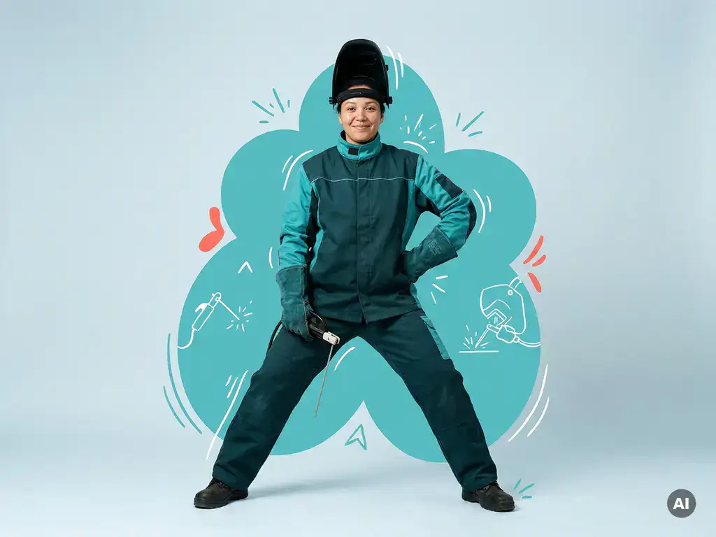 Zelfverzekerde lasser in turquoise werkkleding met opgeklapte laskap, in studio met speelse lasillustraties.