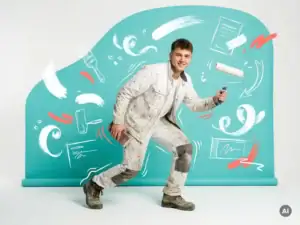 Jonge leerling-schilder in witte werkkleding met verfroller en schuurblok, in studio met grafische turquoise achtergrond