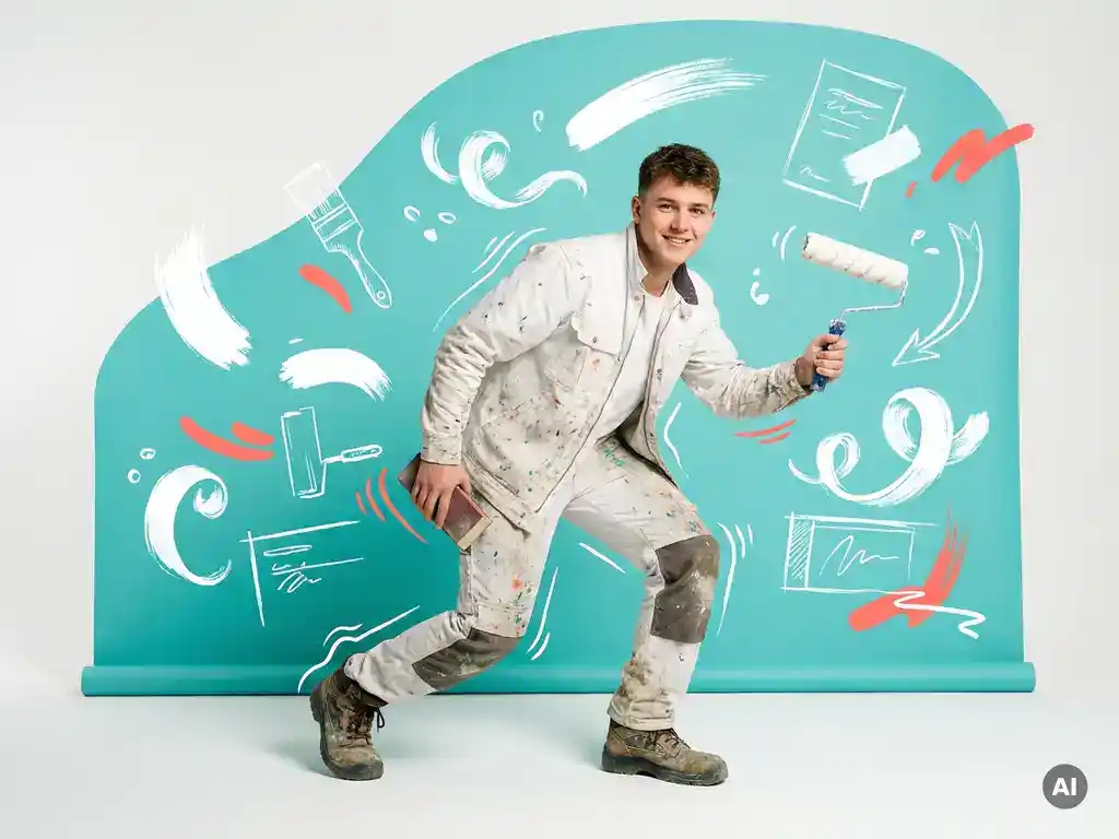Jonge leerling-schilder in witte werkkleding met verfroller en schuurblok, in studio met grafische turquoise achtergrond