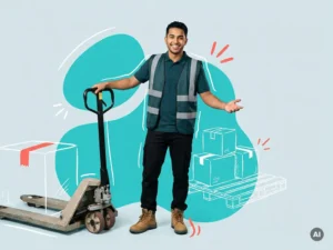 Jonge arbeidsmigrant in logistieke werkkleding met palletwagen, zelfverzekerd in studio met ruimte voor tekst