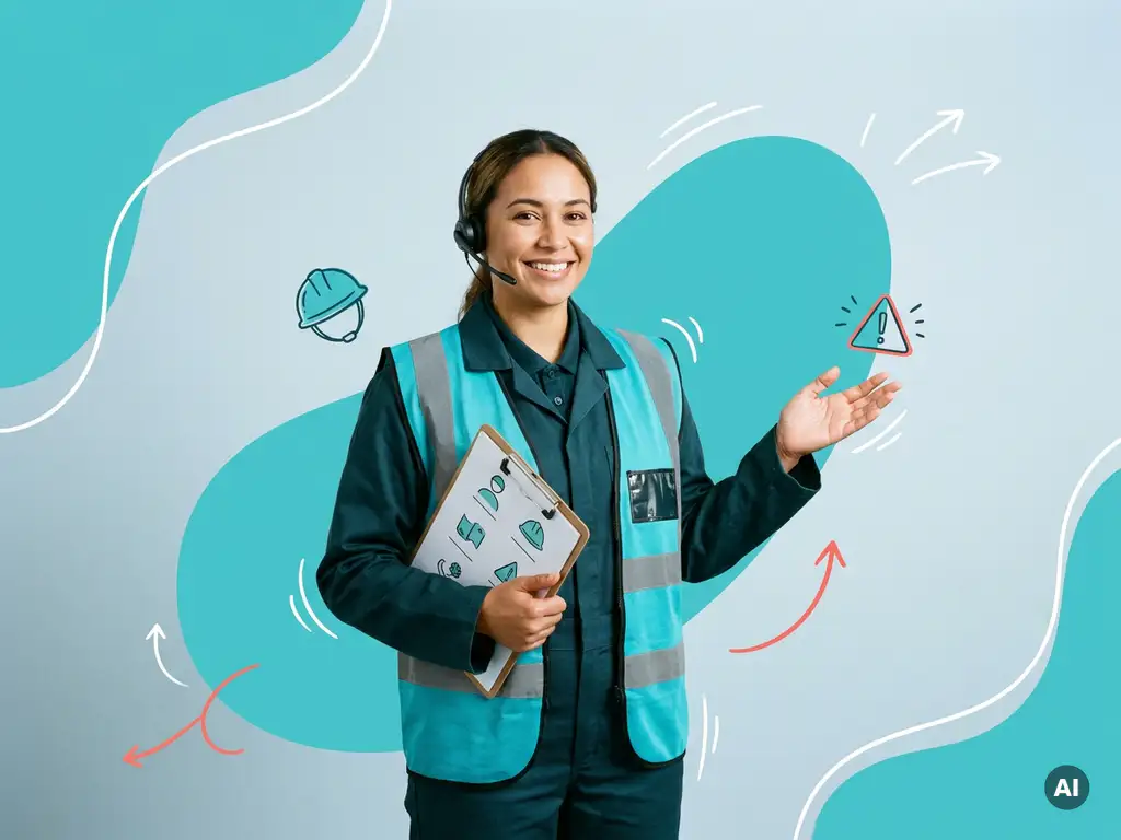 Zelfverzekerde logistiek medewerker in veiligheidsvest met headset en clipboard, geeft veiligheidsinstructie in studio.