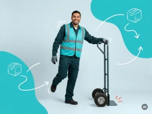Zelfverzekerde arbeidsmigrant magazijnmedewerker met steekwagen in moderne studio, met ruimte voor websitetekst