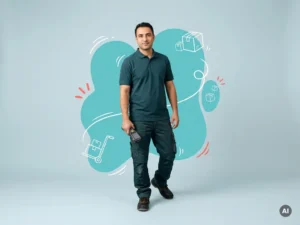 Zelfverzekerde arbeidsmigrant als magazijnmedewerker met scanner in studio, lichtblauwe achtergrond en veel copyspace