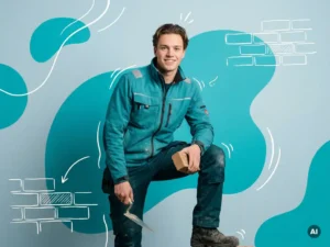 Jonge Nederlandse metselaar met baksteen en troffel in studio, professionele werkkleding, lichtblauwe achtergrond.