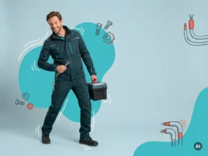 Zelfverzekerde Nederlandse monteur met gereedschapskist in studio, moderne werkkleding en turquoise grafische achtergrond
