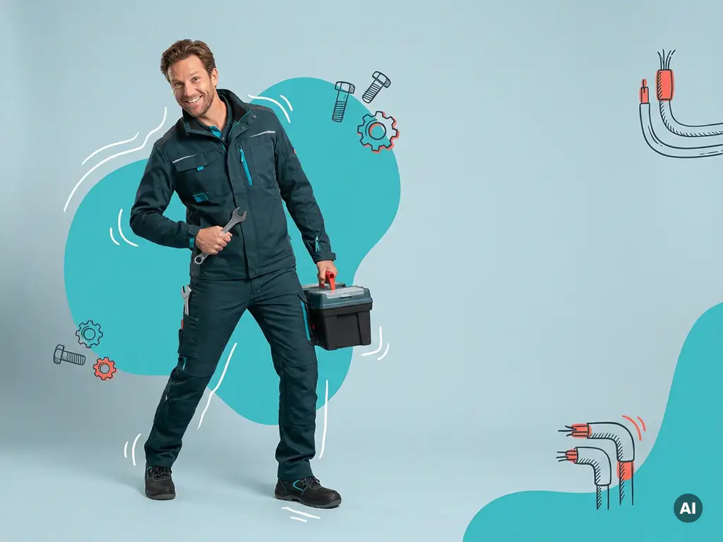 Zelfverzekerde Nederlandse monteur met gereedschapskist in studio, moderne werkkleding en turquoise grafische achtergrond