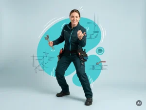 Zelfverzekerde monteur utiliteitsbouw met installatiesleutel in studio, turquoise accenten en ruimte voor websitetekst