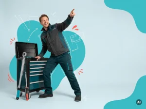 Zelfverzekerde Nederlandse monteur met gereedschapskist en momentsleutel in moderne studio, ruimte voor websitetekst