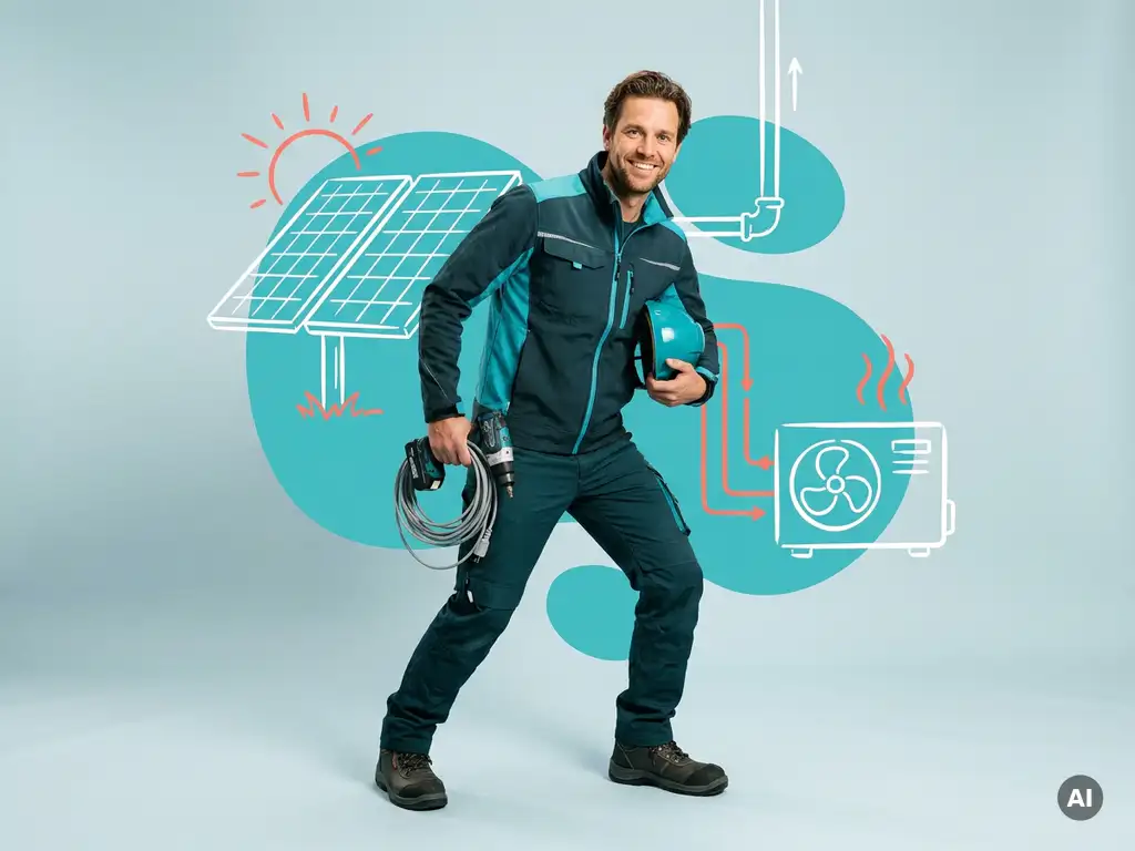 Zelfverzekerde monteur duurzame energie met helm, gereedschap en kabel in studio, voor zonnepanelen en warmtepomp