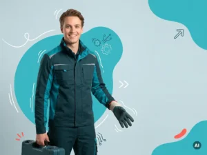Zelfverzekerde Nederlandse elektromonteur glimlacht in studio, met werkkleding en ruimte voor websitetekst