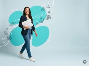 Vriendelijke payroll- en HR-medewerker met documentenmap, energiek in studio met ruimte voor websitetekst