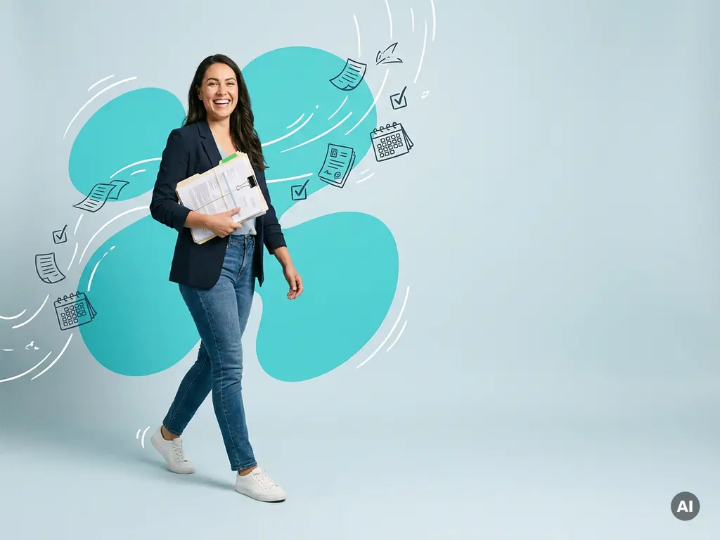 Vriendelijke payroll- en HR-medewerker met documentenmap, energiek in studio met ruimte voor websitetekst