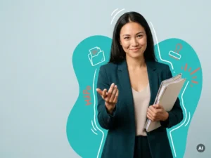 Vriendelijke HR-medewerker met documenten in studio, uitnodigend gebaar, turquoise accenten en ruimte voor websitetekst
