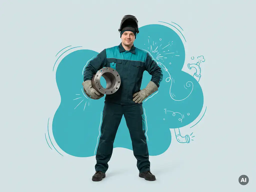 Zelfverzekerde pijplasser met pijpverbinding in studio, turquoise werkkleding, lichte blauwgrijze achtergrond.