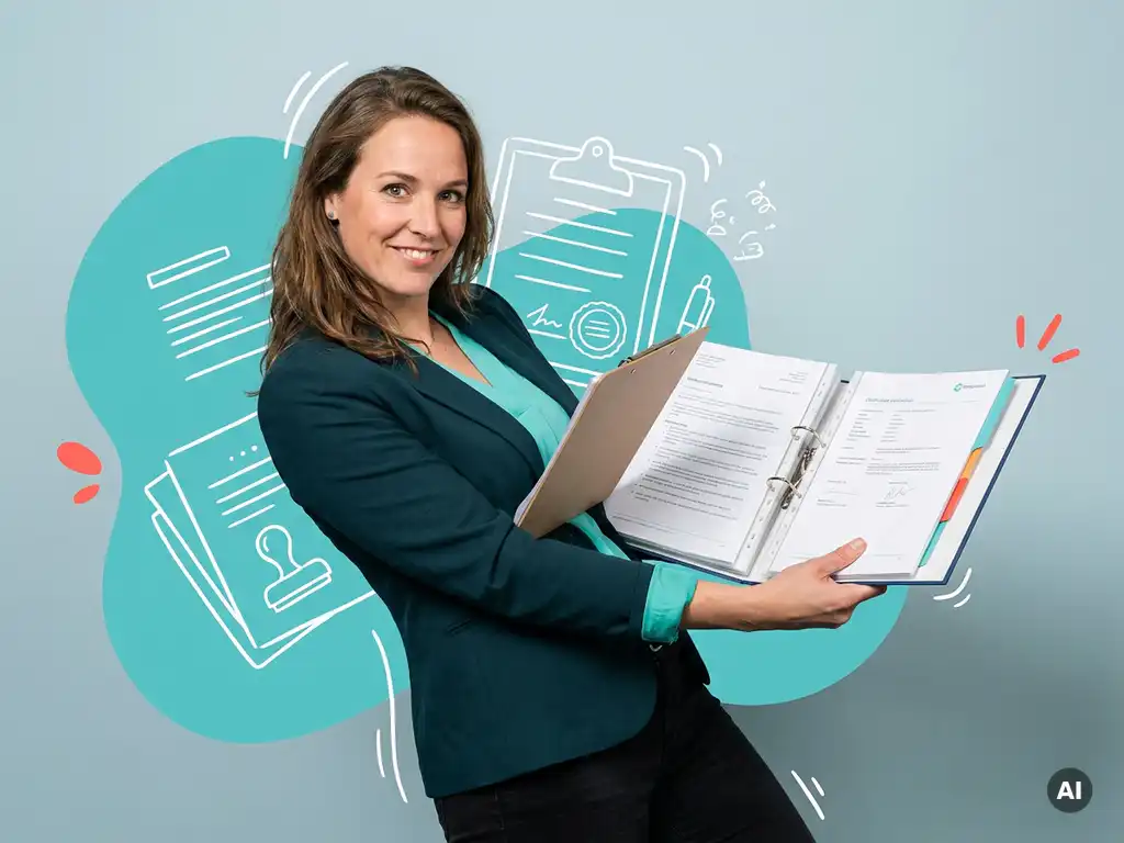 Nederlandse recruiter met certificeringsmap en clipboard in studio, turquoise accenten en ruimte voor websitetekst