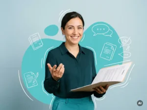 Zelfverzekerde recruiter met contractmap en meertalige documenten, uitnodigend in studio met ruimte voor websitetekst