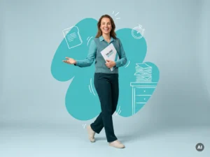 Vriendelijke Nederlandse recruiter in smart-casual kleding, welkom gebaar, studio met turquoise recruitmentdecor
