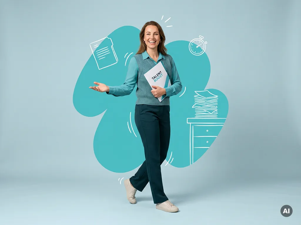 Vriendelijke Nederlandse recruiter in smart-casual kleding, welkom gebaar, studio met turquoise recruitmentdecor