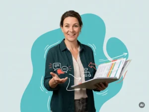 Vriendelijke HR-medewerker van Nederlands uitzendbureau met documenten, wijzend in studio, klaar voor uitleg aan arbeidsmigranten
