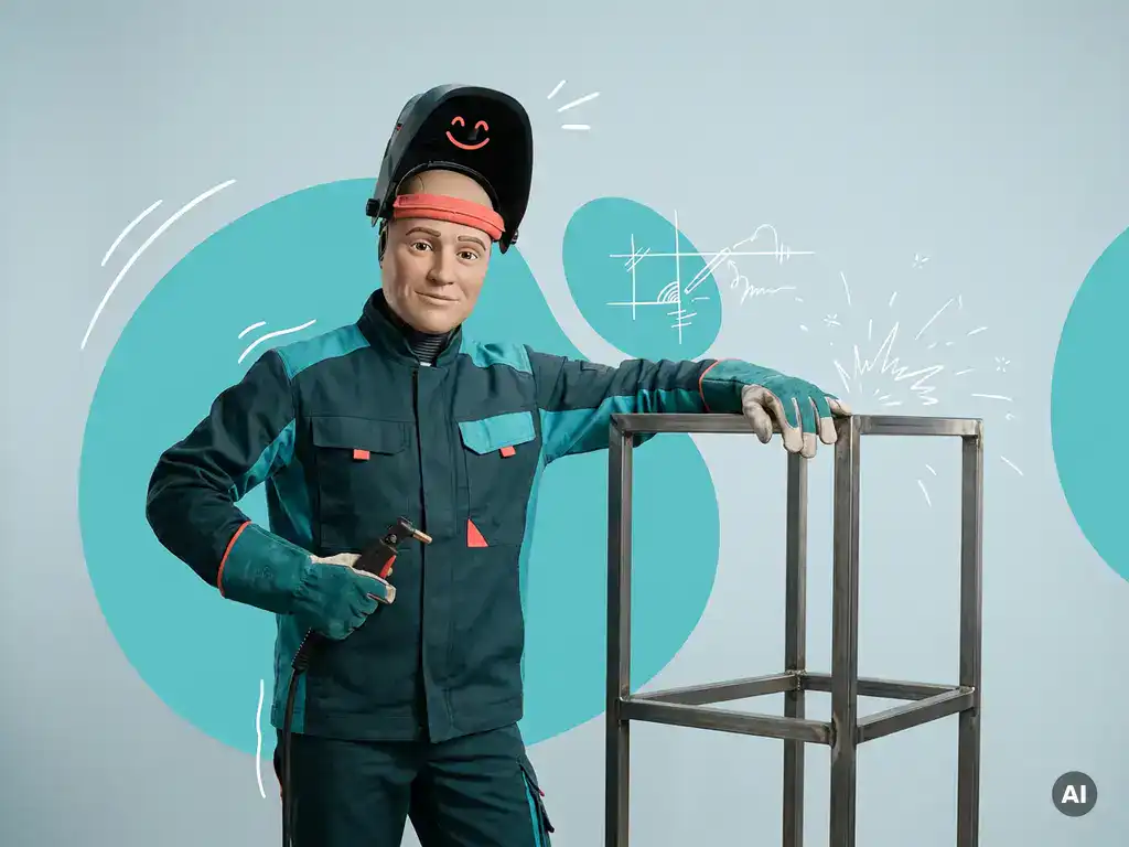 Zelfverzekerde robotlasser presenteert gelast metalen frame in lichtblauwe studio, met ruimte voor websitetekst