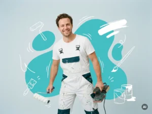Zelfverzekerde Nederlandse schilder met verfroller in studio, lichtblauwe achtergrond en turquoise vormen