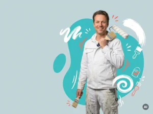 Zelfverzekerde Nederlandse schilder met verfroller en kwast in studio, lichtblauwe achtergrond en ruimte voor tekst