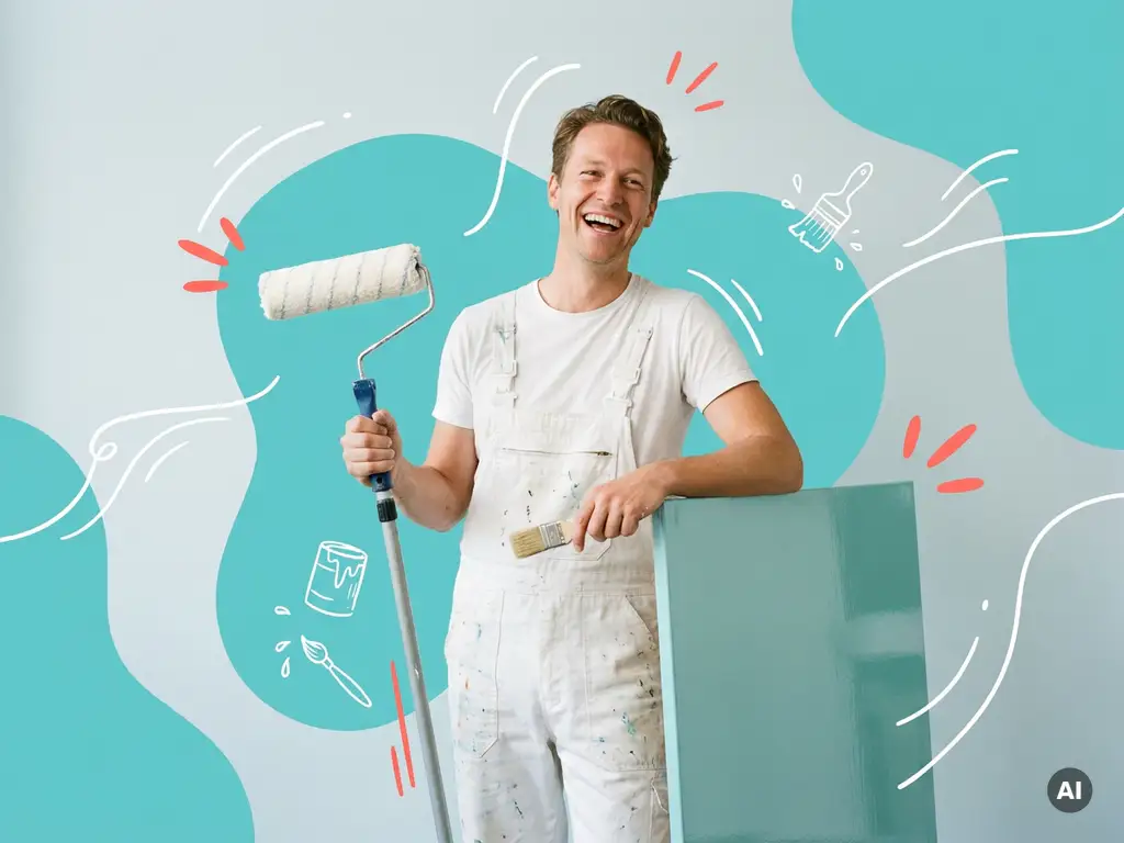 Zelfverzekerde Nederlandse schilder met roller en kwast voor strak paneel, op licht blauwgrijze studiowand.