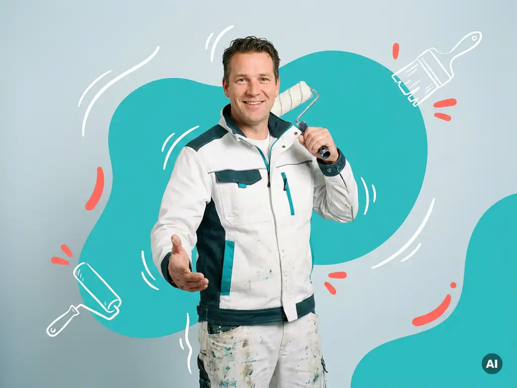 Zelfverzekerde Nederlandse schilder in werkkleding met verfroller, in lichte studio met ruimte voor websitetekst