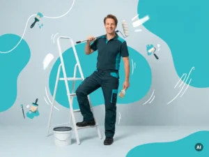 Zelfverzekerde Nederlandse schilder met verfroller en kwast in studio, naast ladder en verfemmer, met ruimte voor tekst