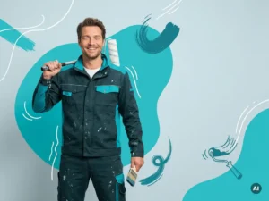 Zelfverzekerde allround schilder met verfroller en kwast in studio, met ruimte voor websitetekst en wervingscampagne uitstraling