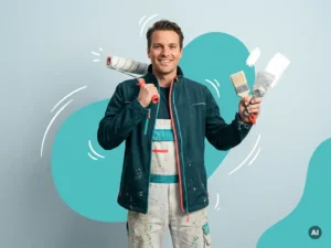 Professionele Nederlandse schilder met verfroller, kwast en plamuurmes in studio, voor nieuwbouw en renovatie