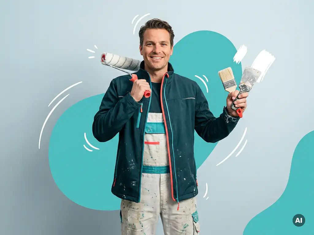 Professionele Nederlandse schilder met verfroller, kwast en plamuurmes in studio, voor nieuwbouw en renovatie