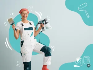 Professionele schilder met verfkwast en verfspuit in studio, turquoise accenten en ruimte voor websitetekst