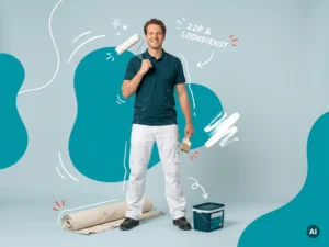 Zelfverzekerde Nederlandse schilder met verfroller en kwast in studio, professionele werkkleding, zzp en loondienst