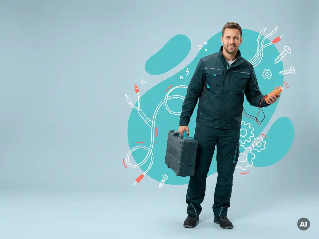 Vriendelijke servicemonteur met gereedschap in studio, moderne werkkleding, turquoise accenten en ruimte voor tekst