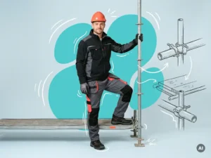 Professionele steigerbouwer in moderne werkkleding op steigerplank, tegen lichtblauwe studioachtergrond met ruimte voor tekst