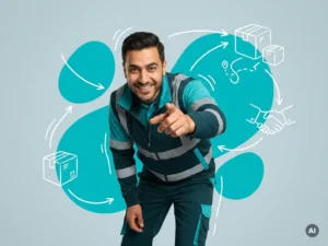 Zelfverzekerde logistiek teamleider in werkkleding geeft aanwijzingen, glimlachend in studio met turquoise accenten