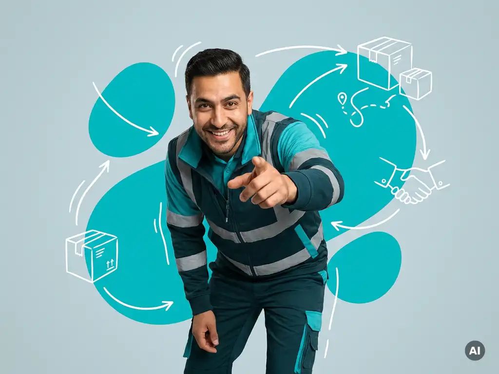 Zelfverzekerde logistiek teamleider in werkkleding geeft aanwijzingen, glimlachend in studio met turquoise accenten