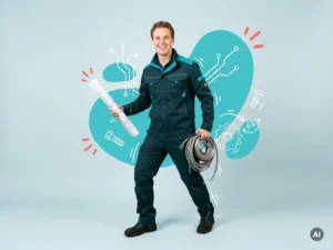 Zelfverzekerde jonge Nederlandse technicus met tekening, kabels en tandwiel in studio, met ruimte voor tekst